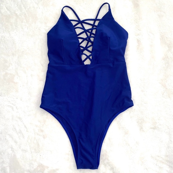 ⭐️Women's Blue Criss Cross One Piece Size:M NWT - Picture 2 of 4